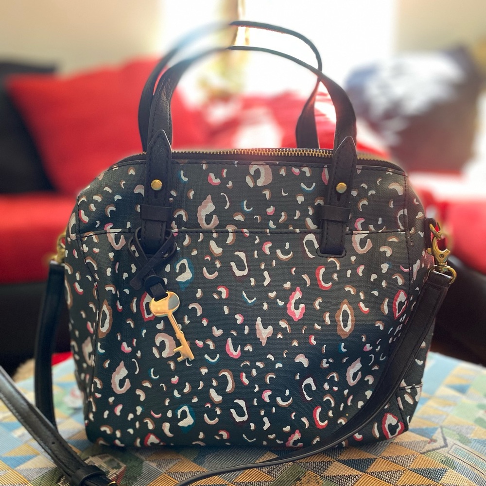 Fossil Rachel Satchel Leopard Animal Print Leather Bag